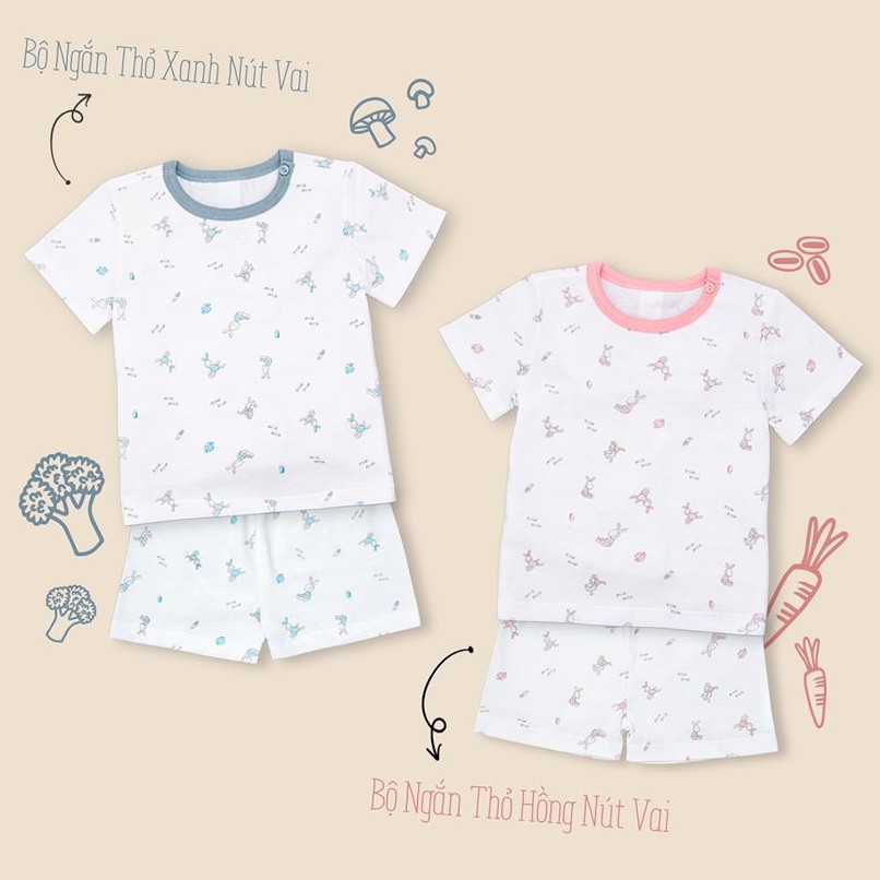 Bộ quần áo Miomio ngắn tay cài vai 100% cotton mỏng mát