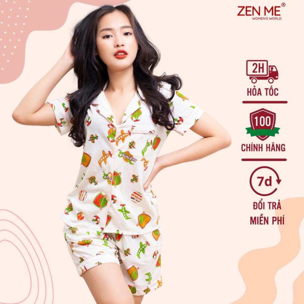 Đồ bộ mặc nhà Zen Me pijama nữ cộc tay quần đùi chất liệu chuẩn cotton họa tiết dễ thương ! `