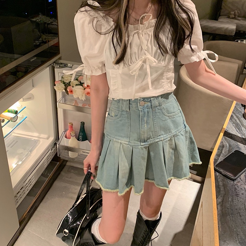 chân váy jean Ngắn Lưng Cao Xếp Ly Thời Trang Hàn Quốc Quyến Rũ Cho Nữ | BigBuy360 - bigbuy360.vn