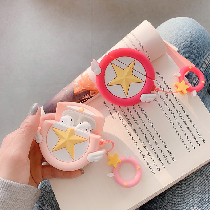 Lilyrose Store/ #Pink Star Airpods Case Sailor #oon Pentagram Airpods 1/2 Case Bluetooth Headset Anti-fall Silicone Soft Protection Case Headset Case With Lanyard