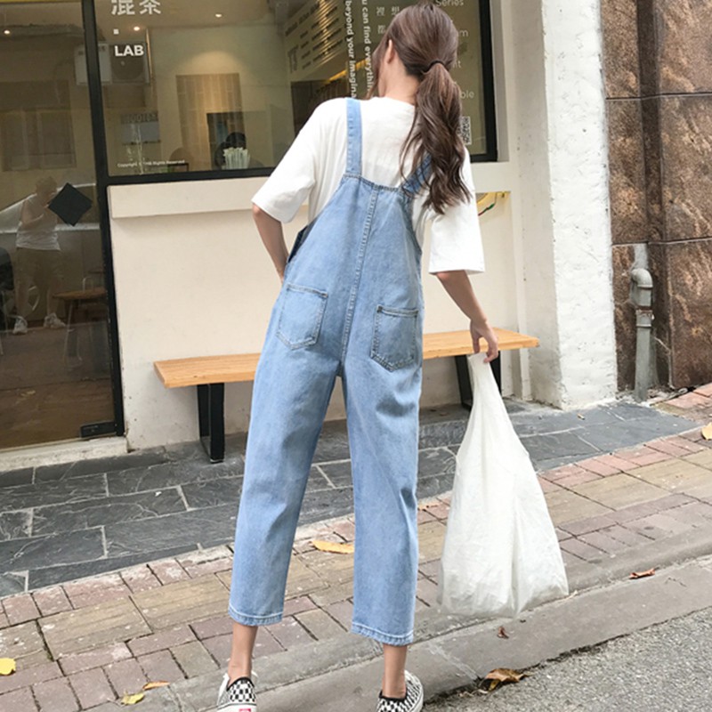 Quần yếm ulzzang quần yếm jean lửng rộng ống suông quần yếm bò jeans kiểu hàn quốc