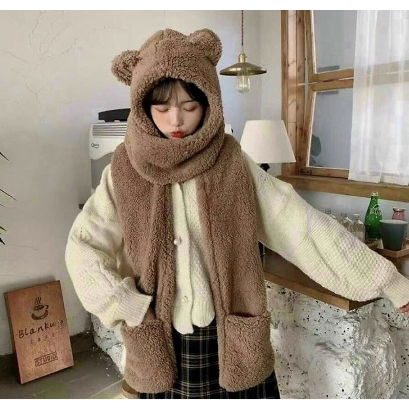 Mũ lông cừu kèm khăn, găng tay siêu ấm áp, đáng yêu