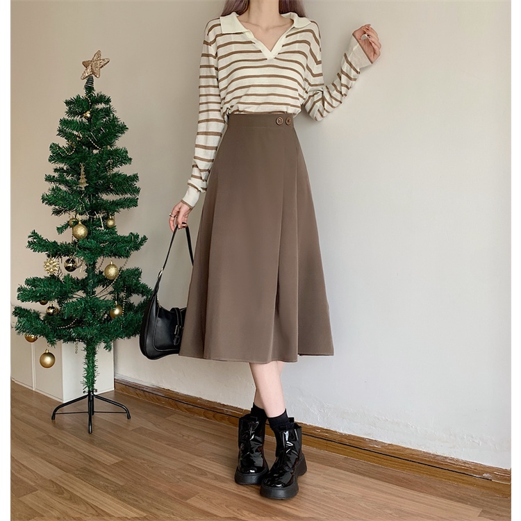 LEEVA - Chân váy kaki dáng dài phối nút đơn giản thanh lịch CV027