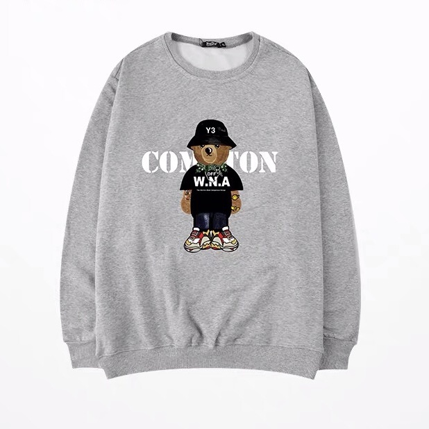 Áo sweater unisex, áo nỉ sweater form rộng Nelly Heybig chính hãng streetstyle in hình gấu cute màu xám S2