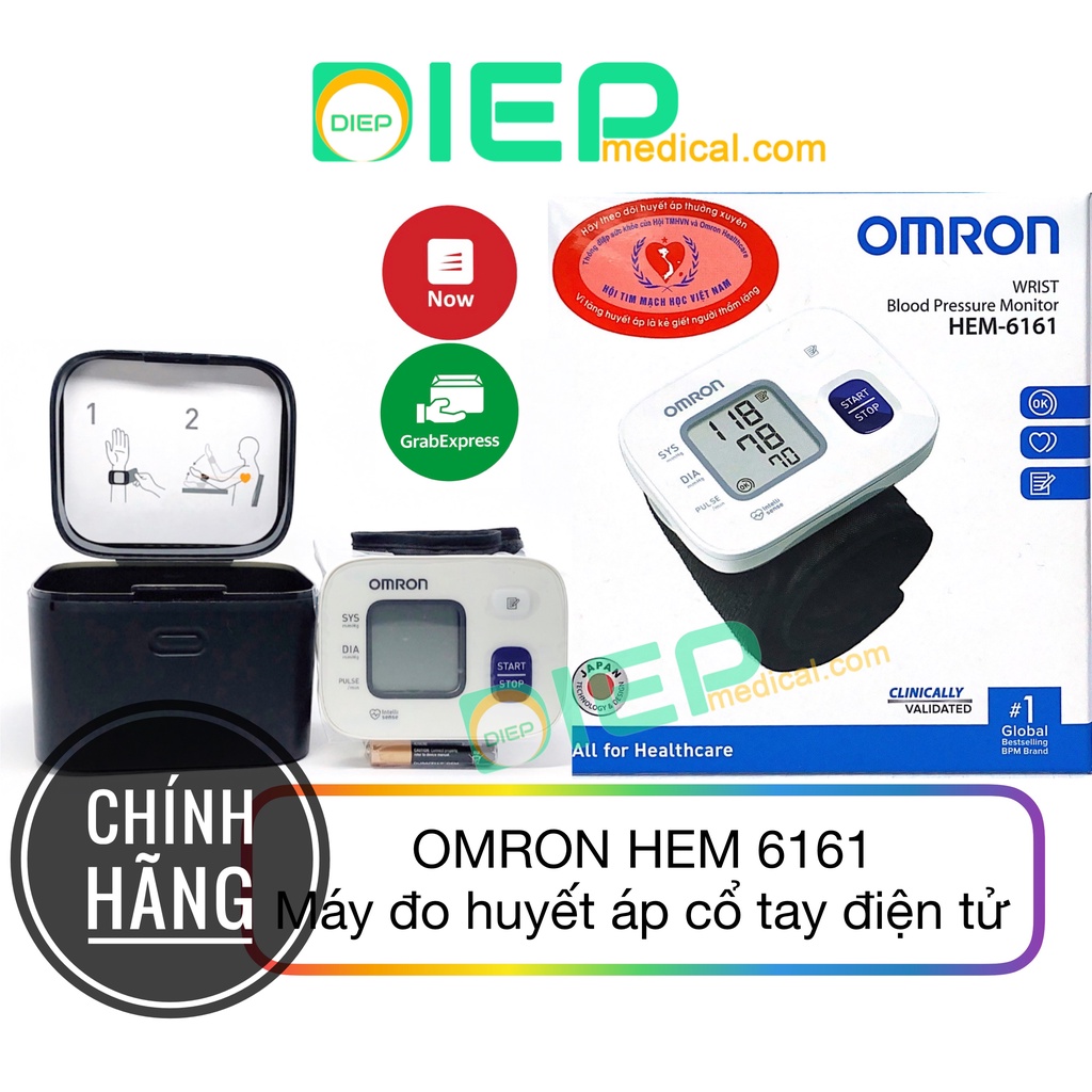 ✅ OMRON HEM-6161 - Máy đo huyết áp cổ tay tự động Omron HEM 6161, cảnh báo loạn nhịp tim (Chính hãng Omron - Nhật Bản)