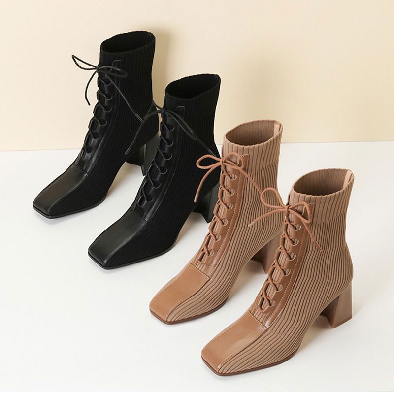 Qiaoluo Giày Bốt Cao Gót Mũi Vuông Thời Trang Cá Tính Cho Nữ