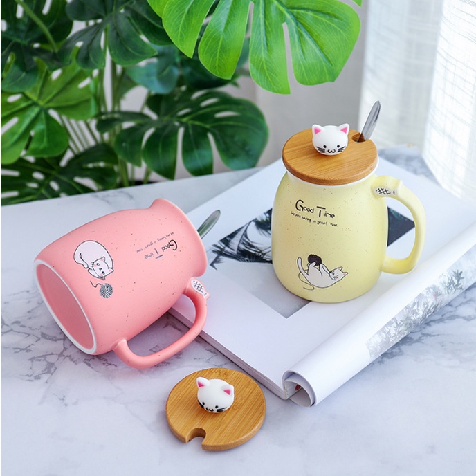 Cốc sứ dễ thương có nắp in hình mèo GoodTime 400ml cao cấp, ly sứ uống nước kèm thìa