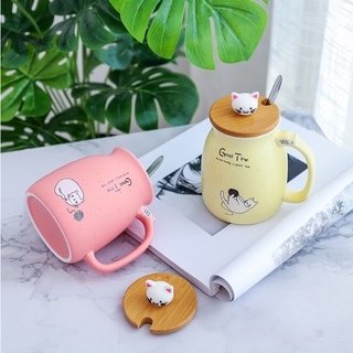 Cốc sứ dễ thương có nắp in hình mèo GoodTime 400ml cao cấp, ly sứ uống nước kèm thìa