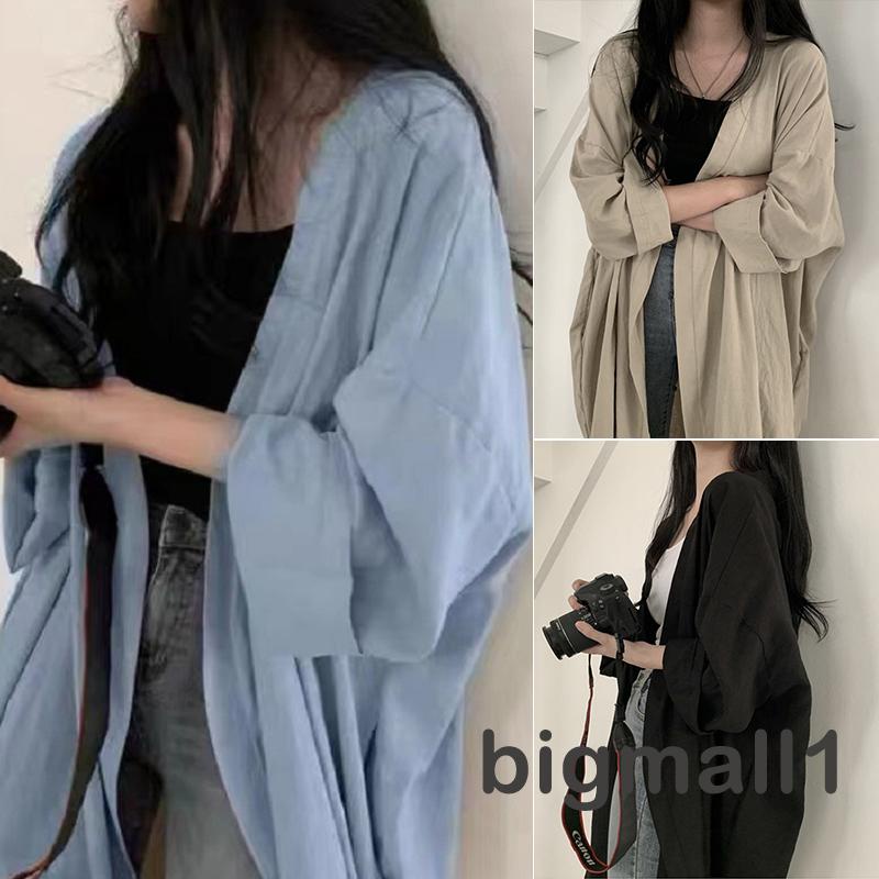BIGMALL-Women´s Cardigan Simple Solid Color Long Sleeve Loose Fit Bottom Split Summer Long Sunscreen Jacket