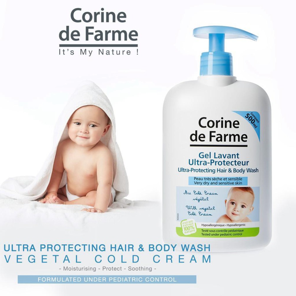 [CHÍNH HÃNG] Corine De Farme Gel Tắm Gội Cho Bé Da Khô Và Nhạy Cảm Ultra Protecting Hair &amp; Body Wash 500ml