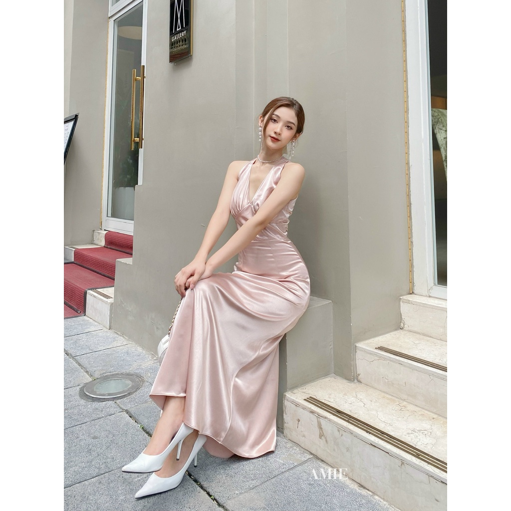 Đầm nữ AMIE thiết kế cổ chữ V thanh lịch, váy thời trang cao cấp chất phi lụa sang chảnh D08
