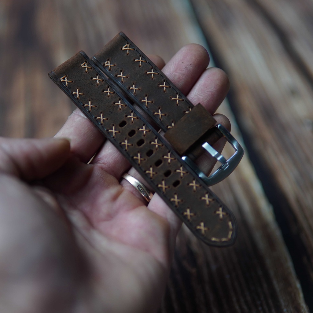 Dây đồng hồ da bò sáp 2 mặt, dây da đồng hồ cao cấp handmade khâu tay thủ công DX15 size 18mm, 20mm, 22mm