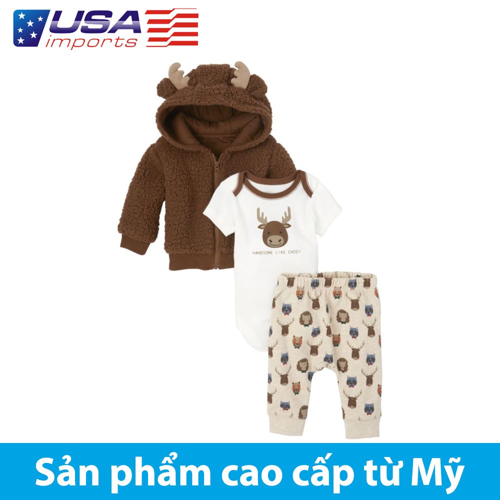 Set 3 món áo khoác lông nâu kèm quần thun hoạ tiết Car-tờ Auth Từ Mỹ (3016849_32GP)