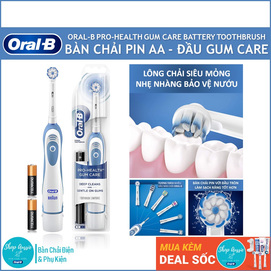 Bàn Chải Điện Dùng Pin Oral-B GumCare Clinical - Đầu Gum Care, Màu Trắng Xanh - Dùng Pin AA, Hẹn Giờ 2-Phút