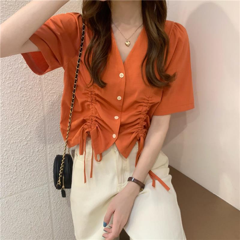 Áo Sơ Mi Tay Ngắn Cổ Chữ V Dáng Ôm Thời Trang Mùa Hè Mới Cho Nữ 2021