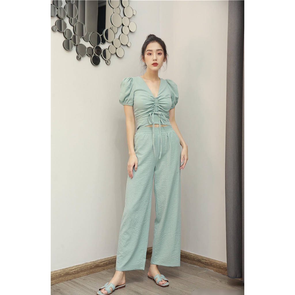 Set 2 món áo rút dây quần suông cao cấp - Bộ đũi rút ngực quần dài   | BigBuy360 - bigbuy360.vn