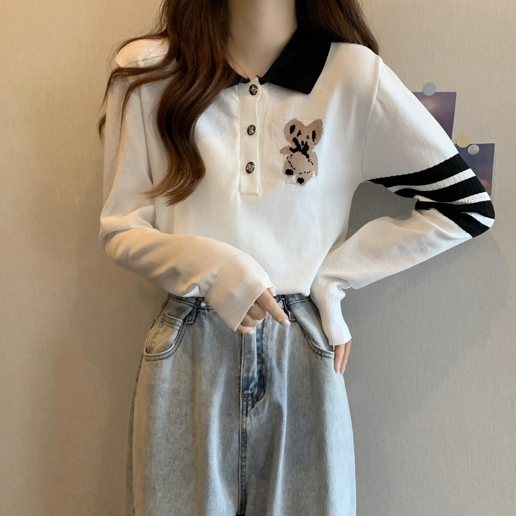 ZHELIHANGFEI Áo Thun POLO Tay Dài Dáng Ôm Thêu Hình Gấu Dễ Thương