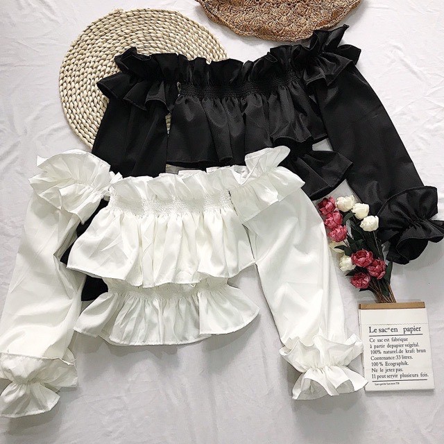 Áo Kiểu Maris Top Nhún Trễ Vai Tay Bo Chun Co Dãn Sang Chảnh 2 Màu Trắng/Đen 1161