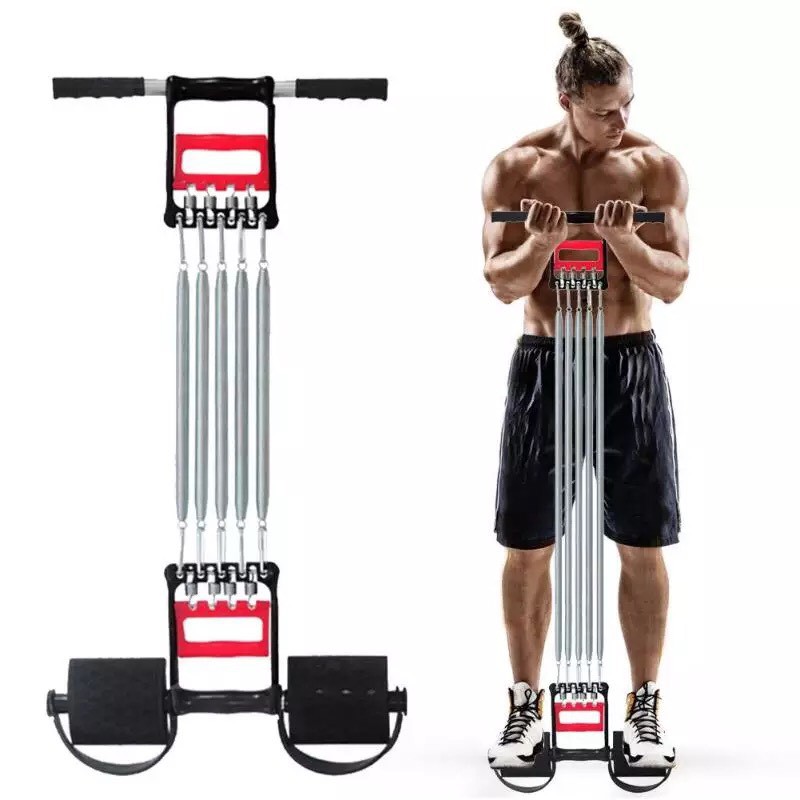 Dây kéo tập gym 5 lò xo titan đa năng có bàn đạp tập bụng tập cơ tay tại nhà