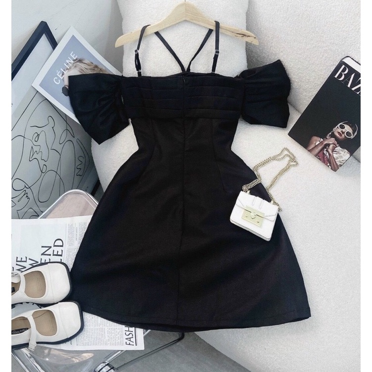 ĐẦM DỰ TIỆC ĐEN RỚT TAY NHÚN XẾP DÂY YẾM GẤM XƯỚC