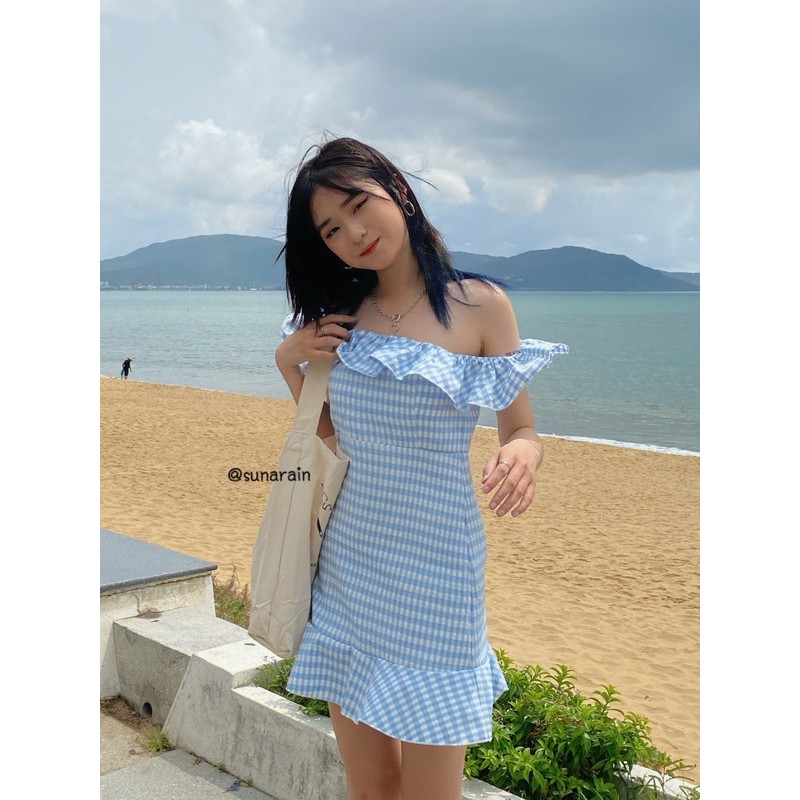 SUNARAIN-Đầm bẹt vai caro xanh