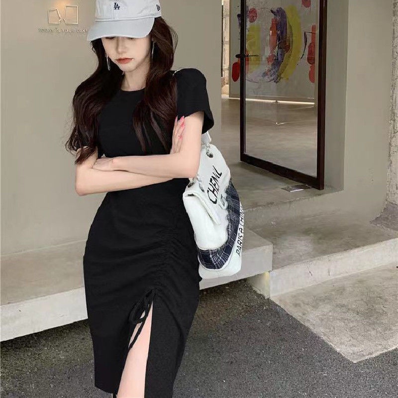 COZOK Đầm Tay Ngắn Phối Dây Rút Xẻ Tà Quyến Rũ Hợp Thời Trang