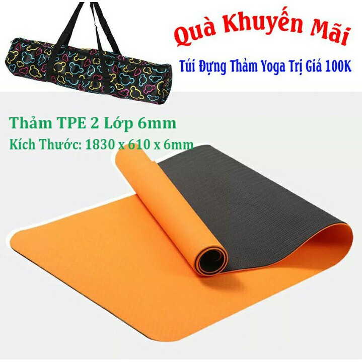 Thảm Yoga TPE EcoFriendly 2 lớp cao cấp dày 6mm (tặng túi đựng+dây buộc thảm)