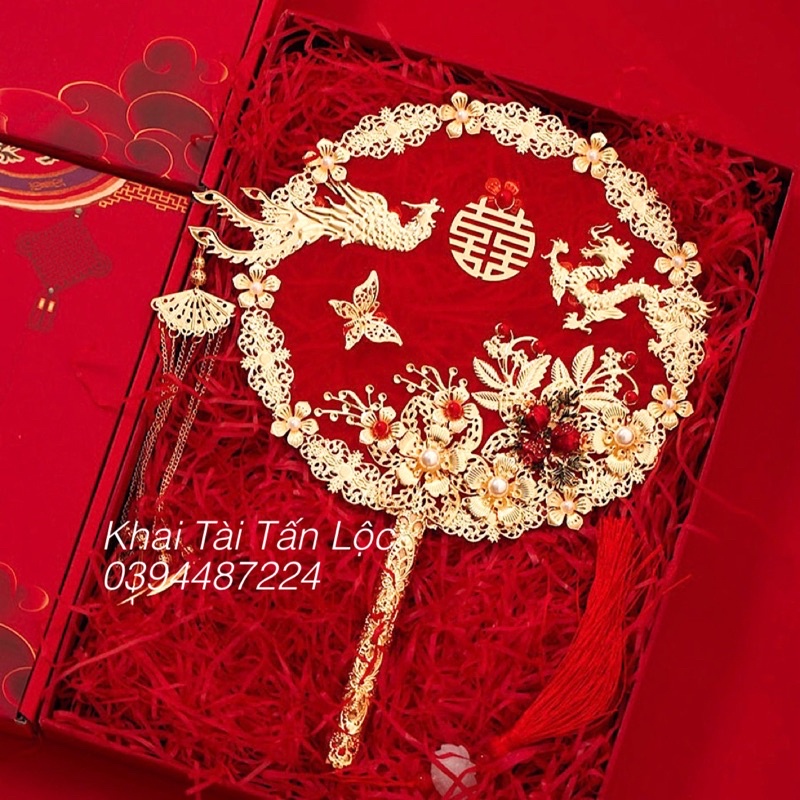 Quạt hỉ quạt cưới cầm tay cô dâu rồng Phượng Long Phụng trình tường kèm giá đỡ và hộp