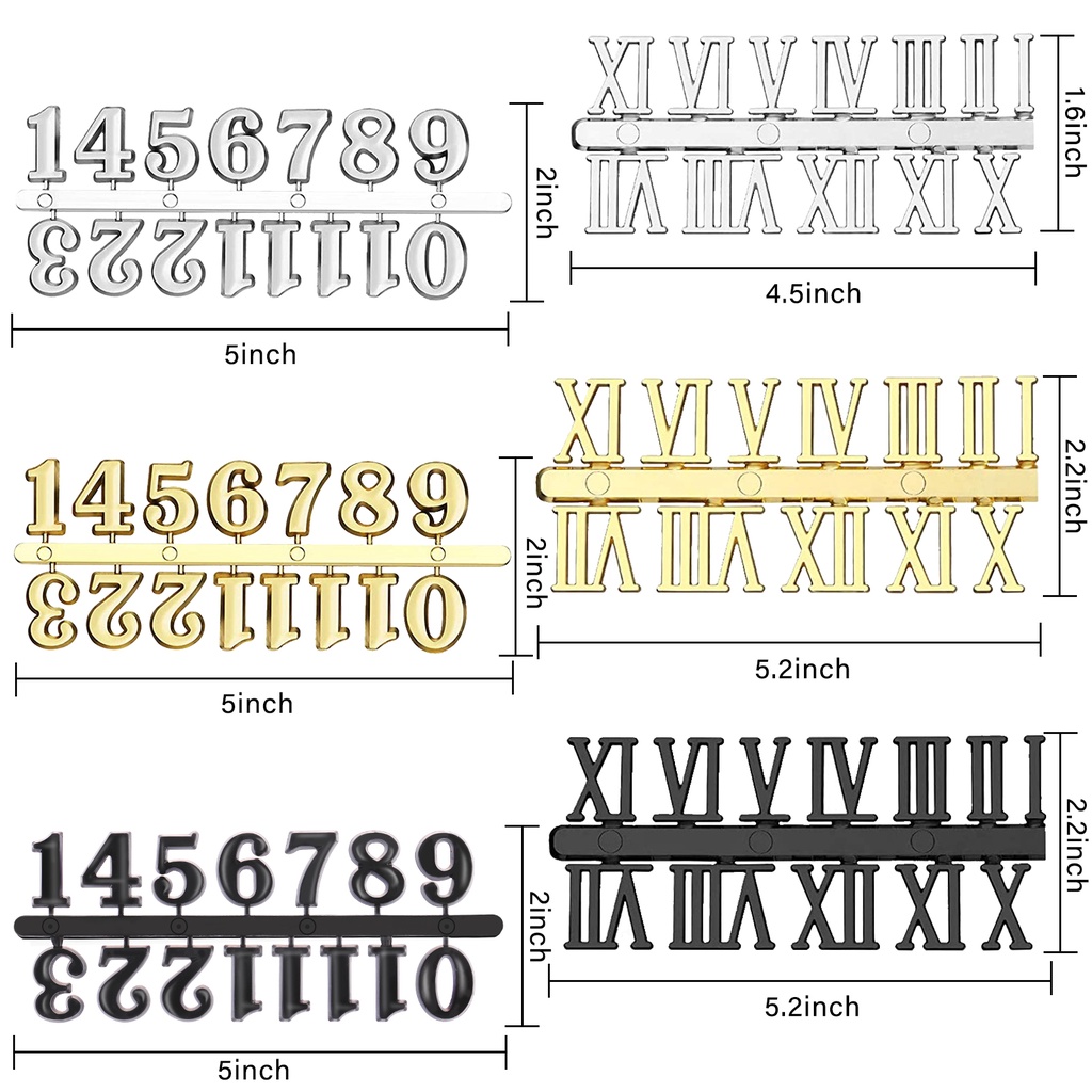 Rnvn Clock Numerals Kit Including Arabic Number and Roman Number in Black Silver Gold Rnvv