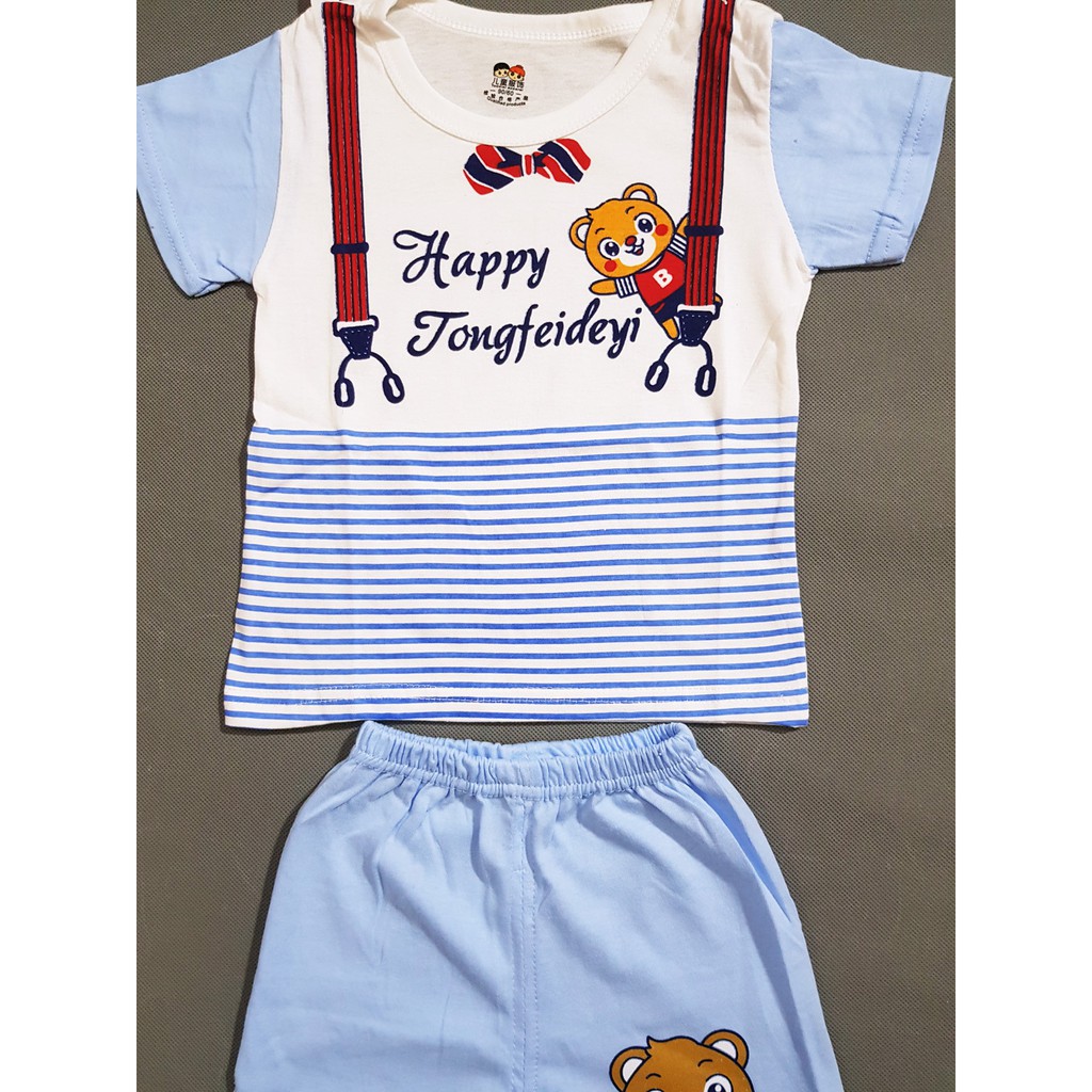 Bộ thun cotton bé trai in gấu dây đeo và nơ dễ thương