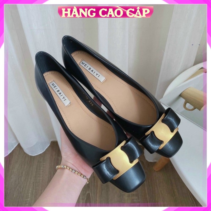 [Hàng Fullbox - Cao Cấp] Giày nữ đế bệt nơ Salvatore mũi vuông búp bê màu Đen ôm chân êm chân công sở đi làm dự tiệc đi