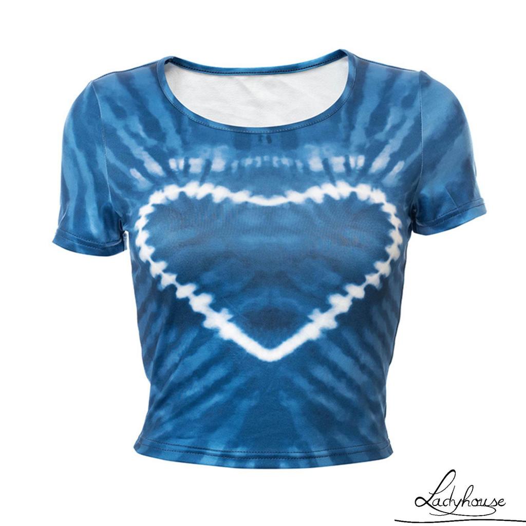Áo Thun Croptop Tay Ngắn Cổ Tròn In Họa Tiết Trái Tim Màu Nhuộm Xinh Xắn Cho Nữ