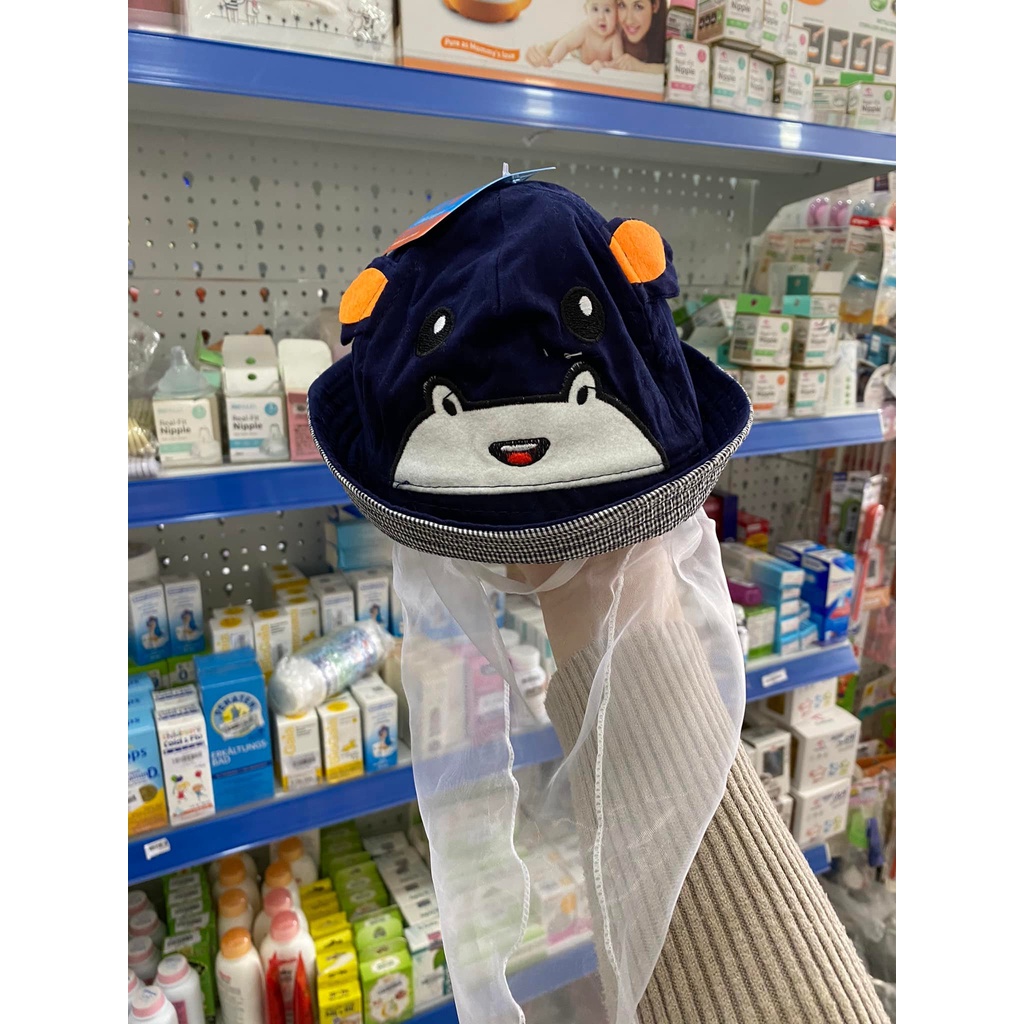 Mũ kèm khăn voan tai gấu mắt 48k, mũ vành tròn cho bé trai, bé gái