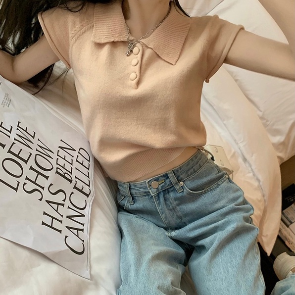 【ZHELIHANGFEI】Áo Thun POLO Dệt Kim Tay Ngắn Dáng Rộng Dễ Phối Đồ