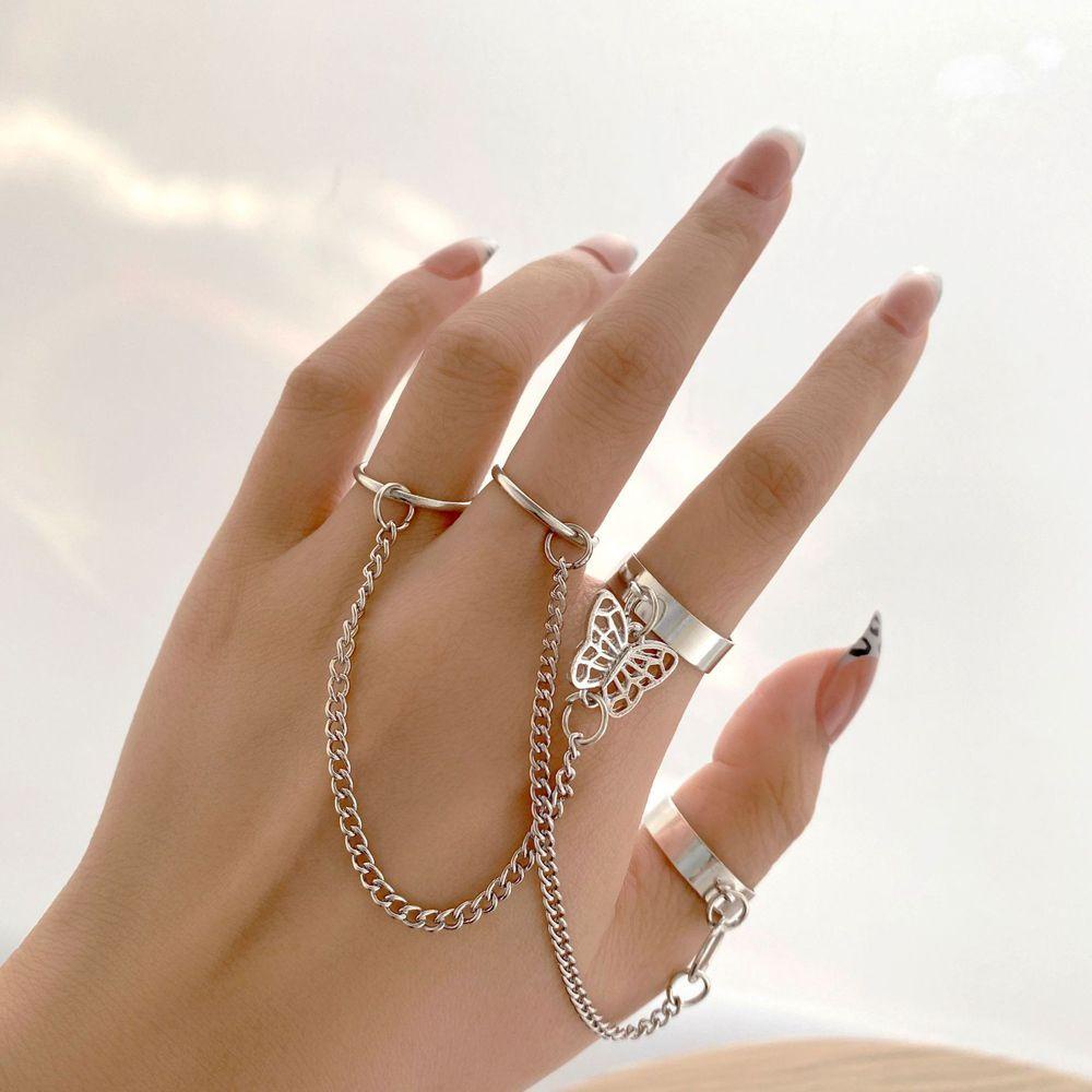 Nhẫn Đeo Khớp Ngón Tay Dạng Hở Nhiều Lớp Hình Chiếc Lá Phối Dây Xích Cá Tính Dành Cho Nữ