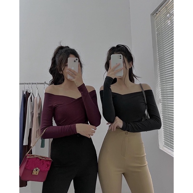 Áo Croptop Bẹt Vai Đắp Chéo Ngực - Áo Trễ Vai Tay Dài Nữ [ẢNH THẬT 100%]