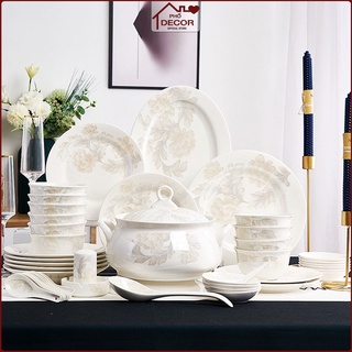 Bộ Chén Bát Đĩa Hoa Trắng Phố Decor Chất Liệu Sứ Xương Cao Cấp Men Sáng 60 Chi Tiết