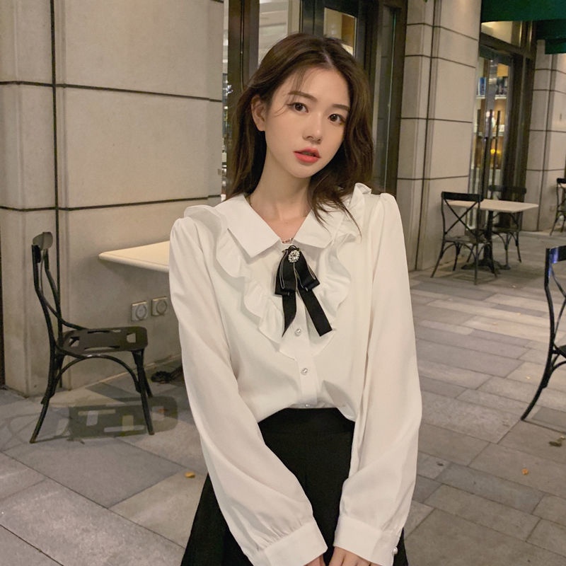 MỚI Áo sơ mi nữ tay dài màu trắng phong cách Hàn Quốc