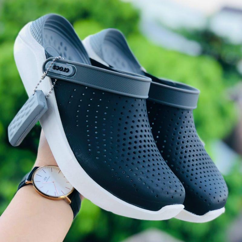 Dép Cross Literide 🎁 FREESHIP + Hàng loại 1 + Hộp 🎁 giày sục sandal Crocs quai ngang bít đầu nam nữ, kèm tag đen-xám