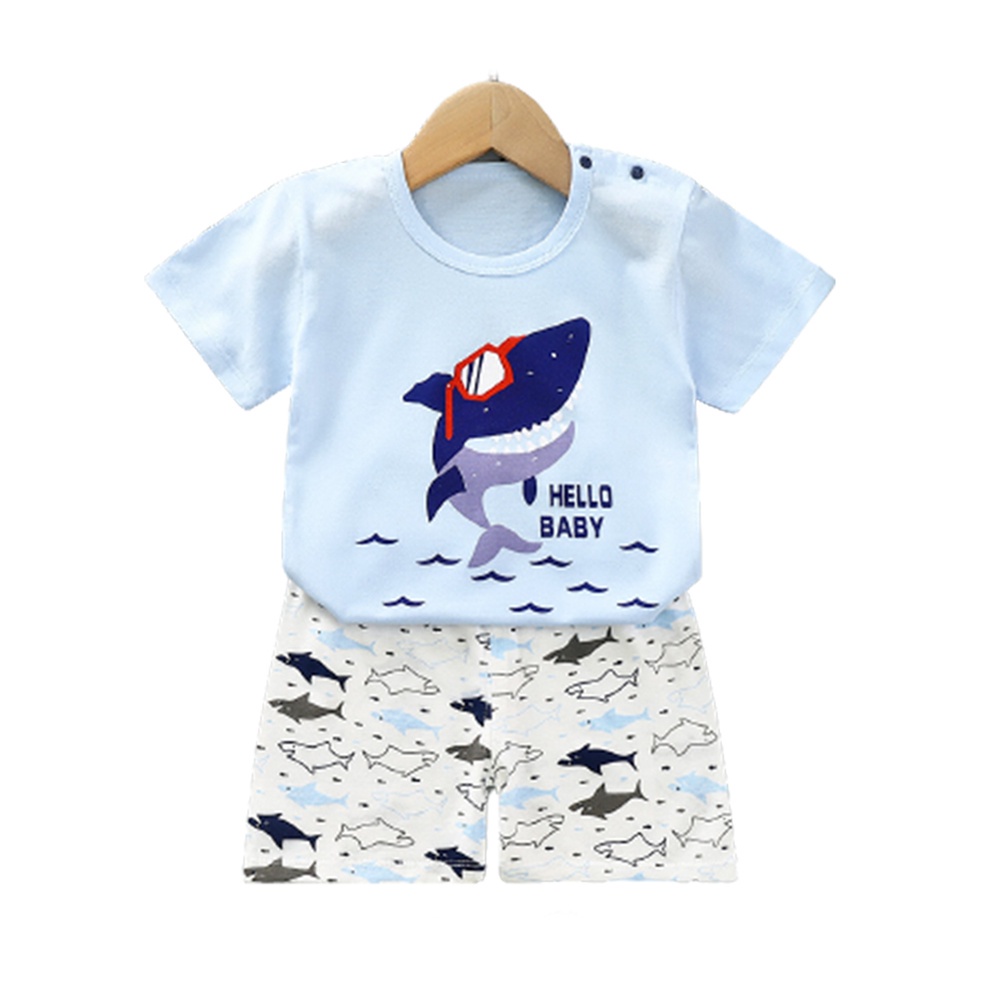 Set áo thun tay ngắn cổ tròn + quần short in họa tiết động vật dễ thương cho bé