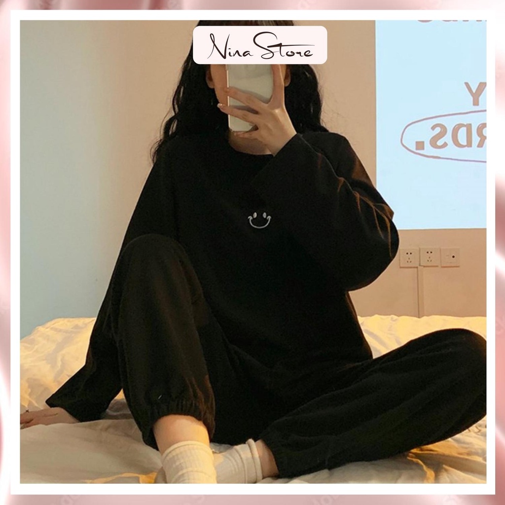 Sét bộ áo thun nữ tay dài mặt cười mix quần jogger dễ thương style thu đông trẻ trung NinaStore