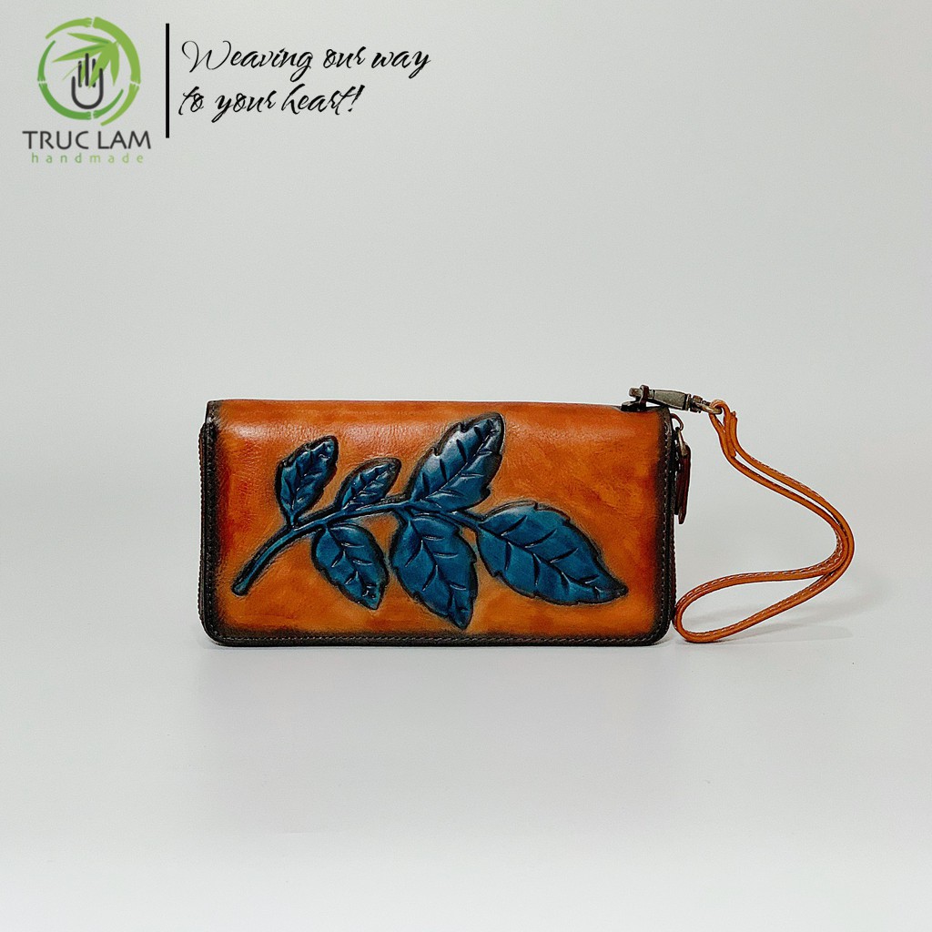 Ví Dài Cầm Tay Thời Trang Nữ Da Thật Cao Cấp Có Khóa Kéo Họa Tiết Cành Lá – Trúc Lâm Handmade