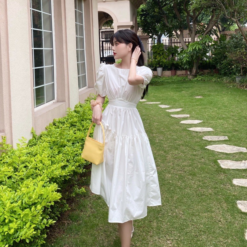 Váy trắng dài Đầm Trắng Đen Dài Tay Phồng Ôm Eo Phong Cách Hàn Quốc Thời Trang Thanh Lịch