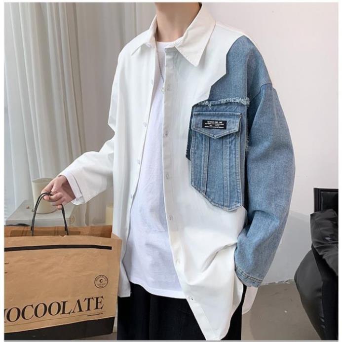 Áo Sơ Mi Dài Tay Phối Demin Unisex Vải Kate Hàn Đẹp và Thoáng -K(&1 !