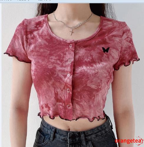 Women Fashion Tie-dye Butterfly Embroidery Top Summer Short Sleeve Round Neck Crop Top