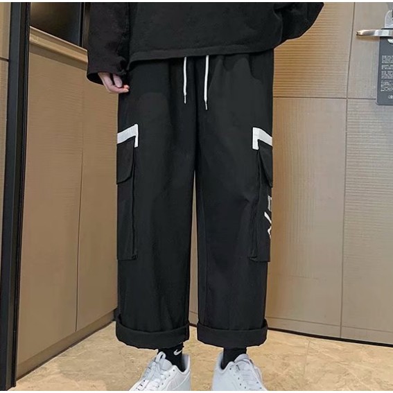 【M-3XL】Loose Men's Trousers Summer Overalls Men's Trendy Nine-Point Korean Version of The Tide Brand Harem Trousers for Men Harajuku Hong Kong Style Cargo Pants Men Clothes Hipster Korean High Waist Trousers Big Pocket Straight Casual Wide Leg Capris