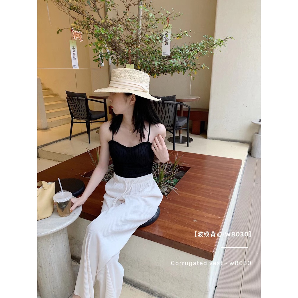 DUNEA Áo hai dây hở lưng gợn sóng có miếng đệm ngực thời trang dành cho nữ