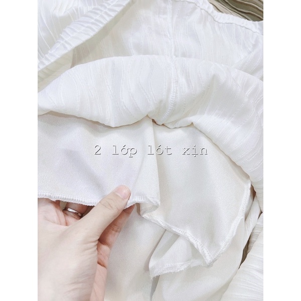 Váy thiết kế sóng 2 dây dúm eo cúp ngực ba màu tiểu thư sang chảnh