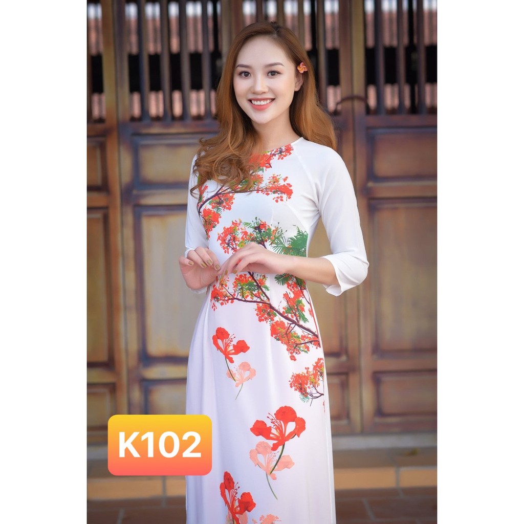 Áo dài trắng nữ sinh hoa phượng đỏ K102 áo dài trắng học sinh Thúy Kiều áo dài cách tân mềm mại co giãn