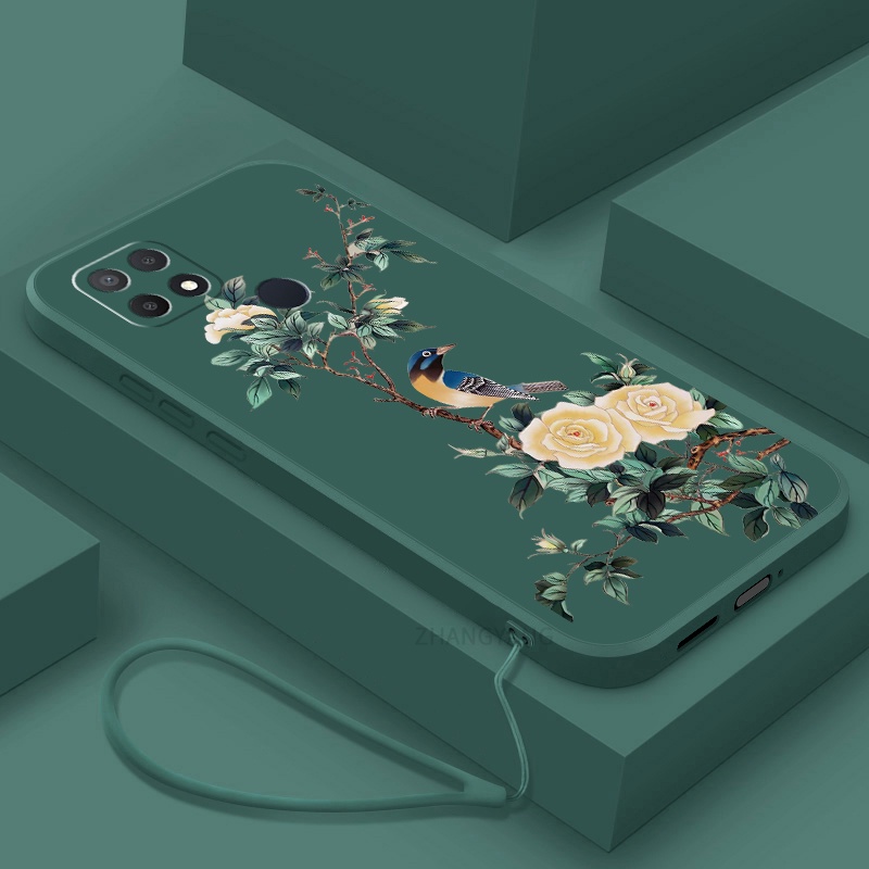 Ốp Điện Thoại TPU Mềm Họa Tiết Hoa Và Chim Có Dây Đeo Cho oppo a15 a15s